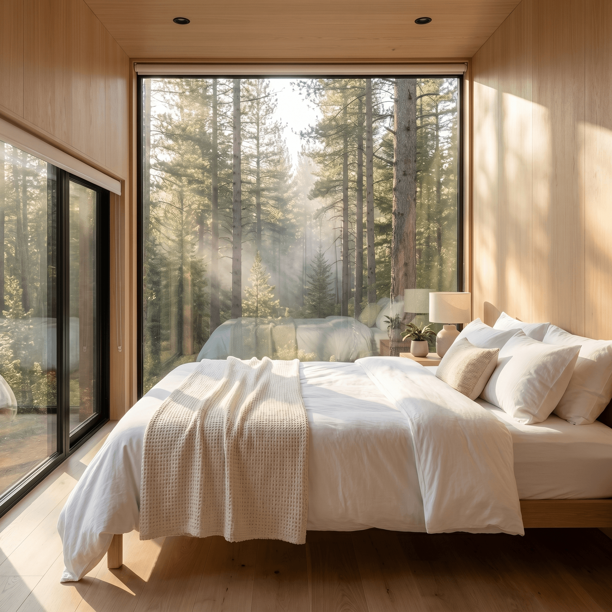 Interior bedroom with floor-to-ceiling glass window and pine forest view