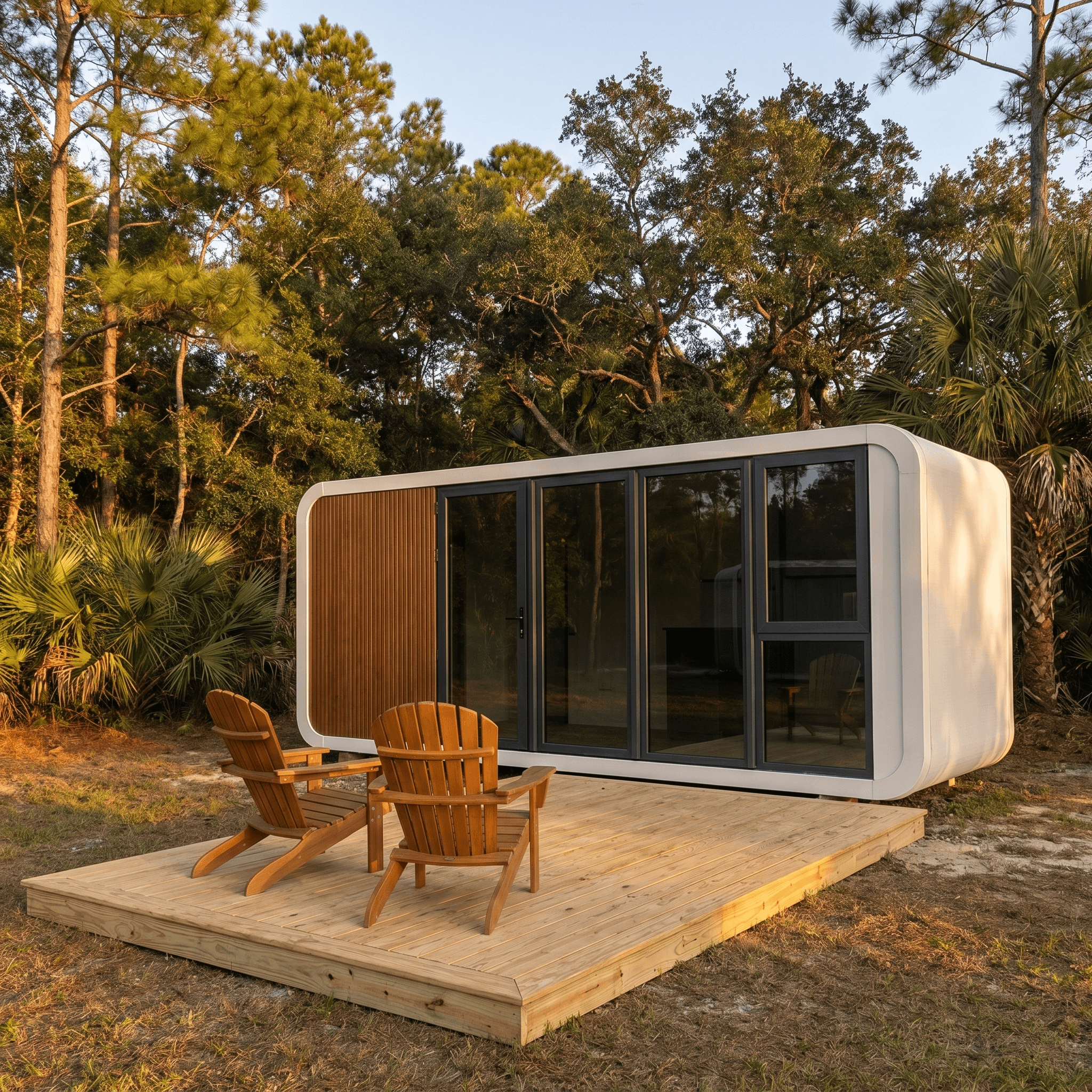 Exterior deck with Adirondack chairs, Southern US landscape